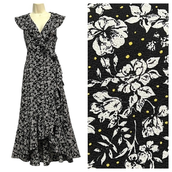 Max Studio Dresses & Skirts - Max Studio Wrap Dress Womens Small Black Floral Dot Ruffle High Low Cottagecore